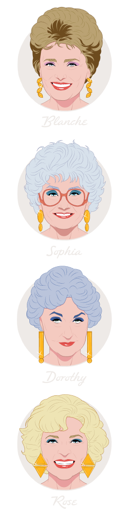 Illustrated portraits of the Golden Girls cast.