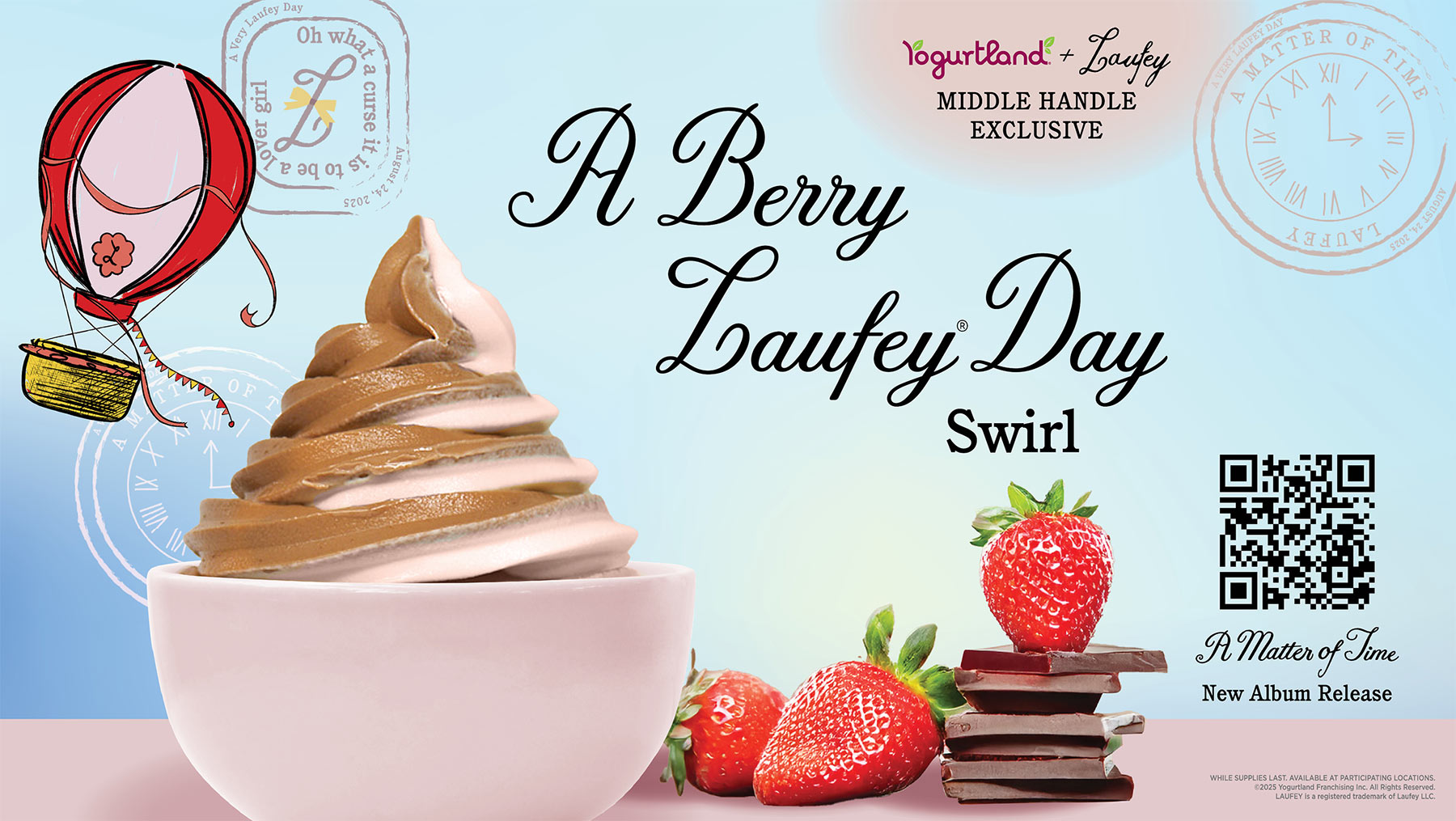 A Berry Laufey Day Swirl - New album release: A Matter of Time. While supplies last. Available at participating Locations. ©2025 Yogurtland Franchising, Inc. All Rights Reserved. LAUFEY is a registered trademark of Laufey LLC.
