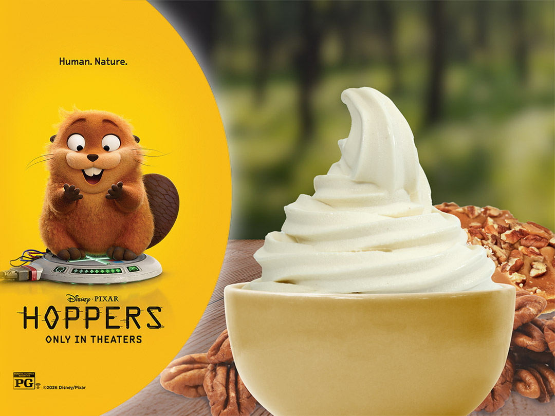 A cup of Yogurtland frozen yogurt alongside pralines and pecans.