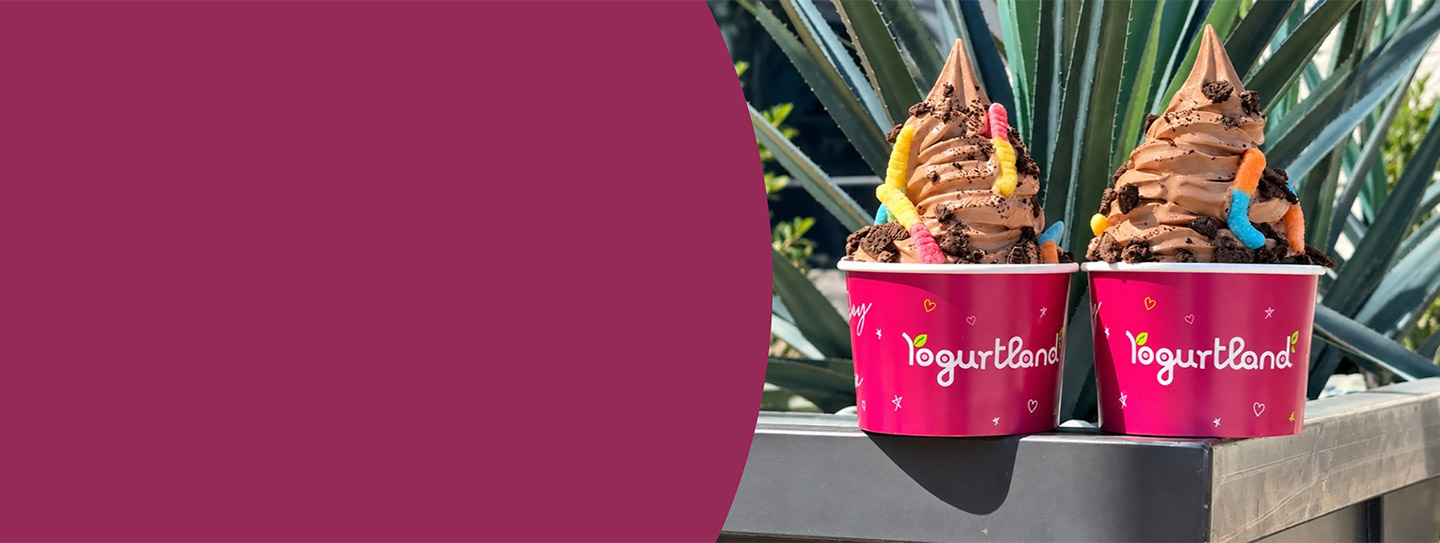 Two Yogurtland frozen yogurt cups with an assortment of toppings
