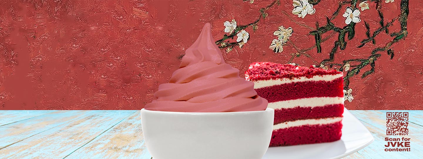 A cup of frozen yogurt alongside a slice of red velvet cake.